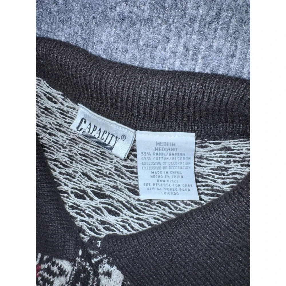 Y2K Capacity Fair Isle Collared Button Cardigan Sweater Black White Red M - Picture 2 of 13
